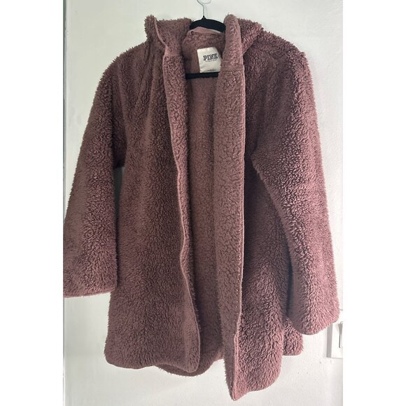 Pink Victoria’s Secret Plush Hooded Cardigan M/L Open Front Cozy Lounge Y2K - Picture 1 of 9